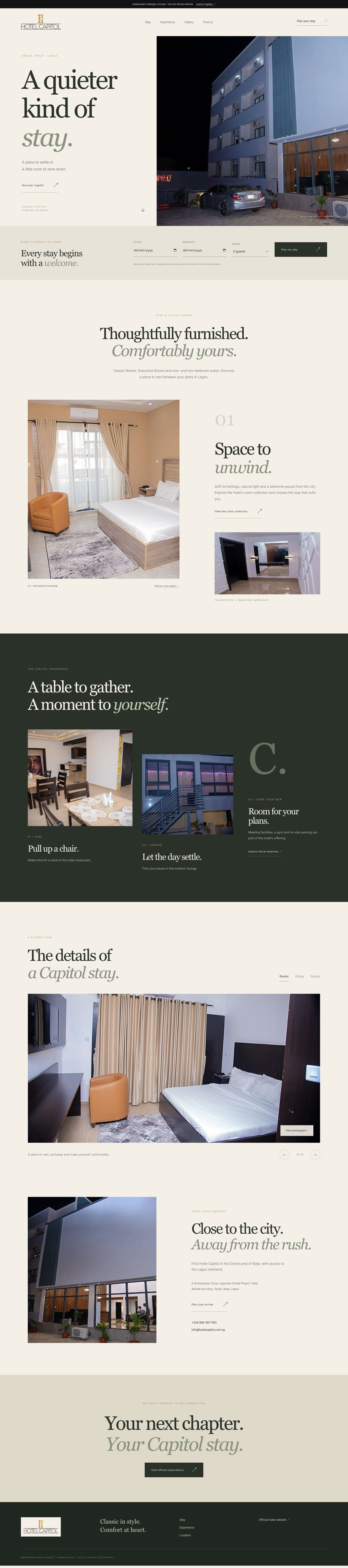 Hotel Capitol independent website concept shown in a desktop browser